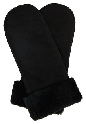 Paire de moufles d'hiver noires avec des poignets en fourrure douce, fabriquées en matière chaude et douce.