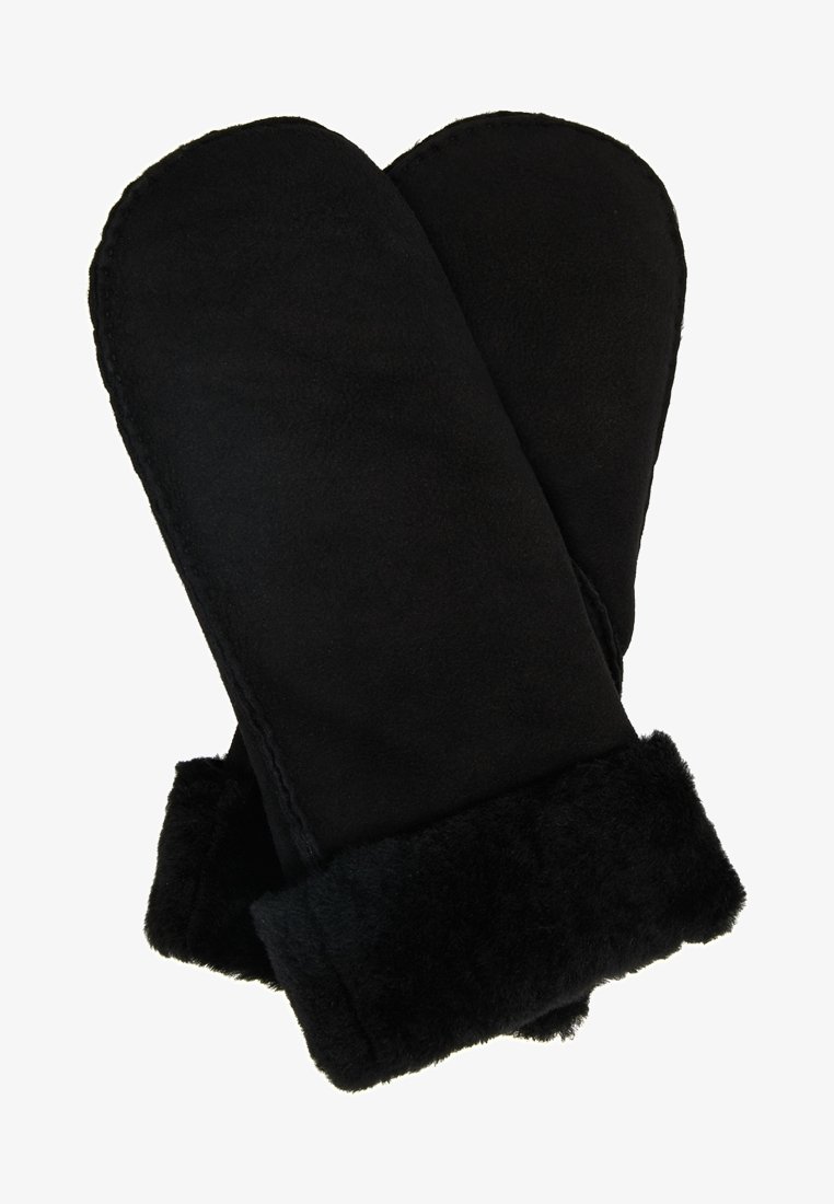 Paire de moufles d'hiver noires avec des poignets en fourrure douce, fabriquées en matière chaude et douce.
