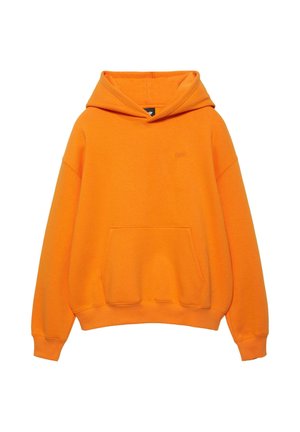 Felle oranje pullover hoodie met kangoeroezak, geribbelde manchetten en subtiel geborduurd logo op de borst.