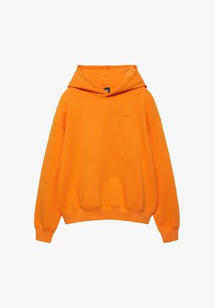 Sweat à capuche orange vif avec poche kangourou, poignets côtelés et logo brodé discret sur la poitrine.
