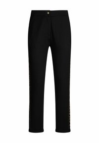 Pantaloni neri in tessuto elasticizzato, con chiusura a bottone dorato, strisce laterali con un motivo e design aderente con gambe dritte.