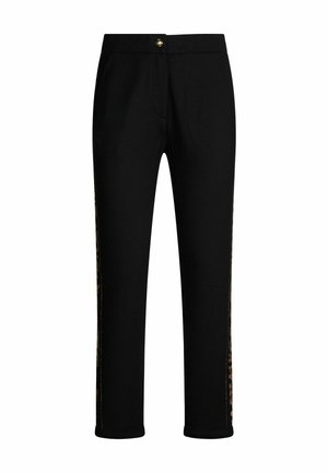 Pantaloni neri in tessuto elasticizzato, con chiusura a bottone dorato, strisce laterali con un motivo e design aderente con gambe dritte.