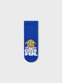 Calzino di cotone blu con un cane cartoon che indossa un casco e la parola "ALLEGRIA" in lettere bianche e in grassetto. Tessuto liscio, lunghezza alla caviglia.