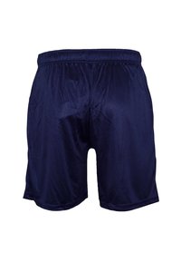 Pantaloni sportivi blu navy realizzati in un tessuto leggero e lucido; cintura elastica; texture liscia; senza motivi o accenti visibili.