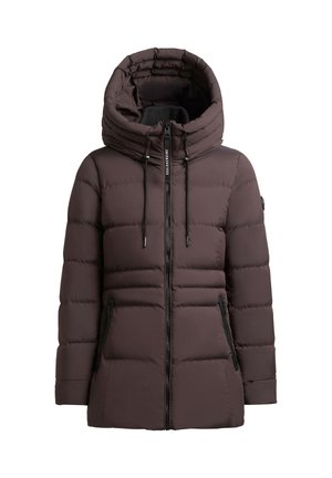 Brown puffer jacket with a large, padded hood, front zipper closure, and two side pockets. Ribbed cuffs and textured quilted pattern.