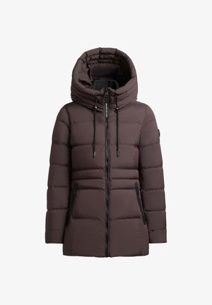 Brown puffer jacket with a large, padded hood, front zipper closure, and two side pockets. Ribbed cuffs and textured quilted pattern.