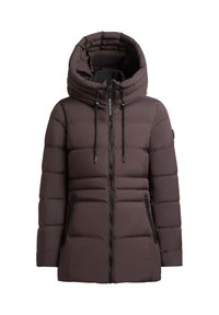 Brown puffer jacket, featuring a large hood, front zipper, and two zippered side pockets. Soft texture with quilted pattern.