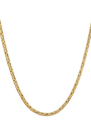 Collier chaîne en or avec un design complexe de maillons tissés, présenté sur un fond blanc.