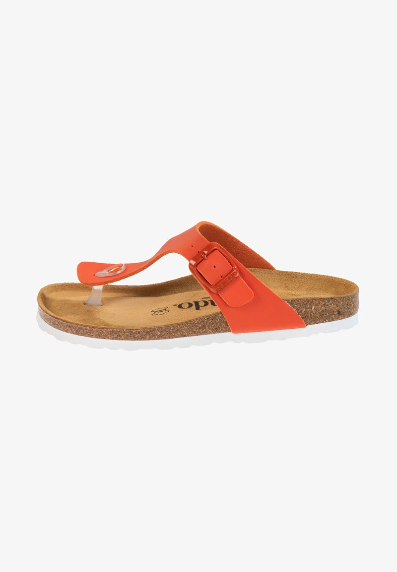 Orange tanga sandal med en korkfotbädd, med en spänneaccent och vit gummisula. Släta syntetiska remmar med en tåstöd.