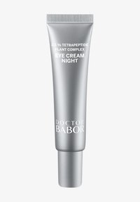 Tube argenté de la Crème de Nuit pour les Yeux Doctor Babor, avec une finition lisse et un texte blanc à l'avant, mettant en avant les ingrédients clés et les instructions d'utilisation.