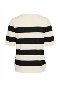 Zwart en crème gestreepte short-sleeve trui met een ronde halslijn. Brei-textuur zichtbaar. Strepen zijn horizontaal en variëren in breedte.
