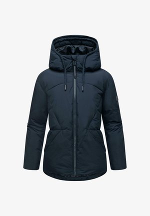 Sötétkék pufi dzseki kapucnival, teljes elülső cipzárral, rugalmas húzózsinórral és geometrikus steppelésű részletekkel. Simább textúra és testhezálló fazon.