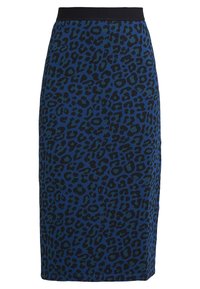 Knee-length skirt in blue fabric with black leopard print; features a black elastic waistband and a smooth texture.