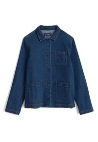 Denimová bunda, tmavě modré barvy, s límcem, předním zapínáním na knoflíky, dvěma nápadnými kapsami a jemným kontrastním prošíváním.