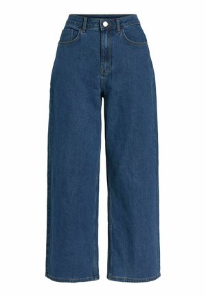 Højtaljede vide jeans i mørkeblå denim med synlige stikninger, knaplukning og to frontlommer. Casual pasform.