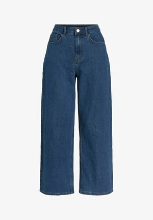 Jeans de tiro alto y pierna ancha en denim azul oscuro con detalles de costura visibles, cierre de botón y dos bolsillos delanteros. Ajuste casual.