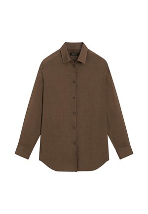 Camicia marrone a maniche lunghe con bottoni, colletto e polsini, mostrata distesa su sfondo bianco.