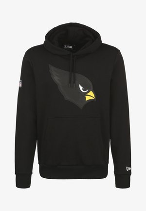 Felpa nera con cappuccio, dotata di un grande logo di testa di uccello grigio scuro e becco giallo sul petto, logo NFL sulla manica destra e logo del marchio sul polsino sinistro.