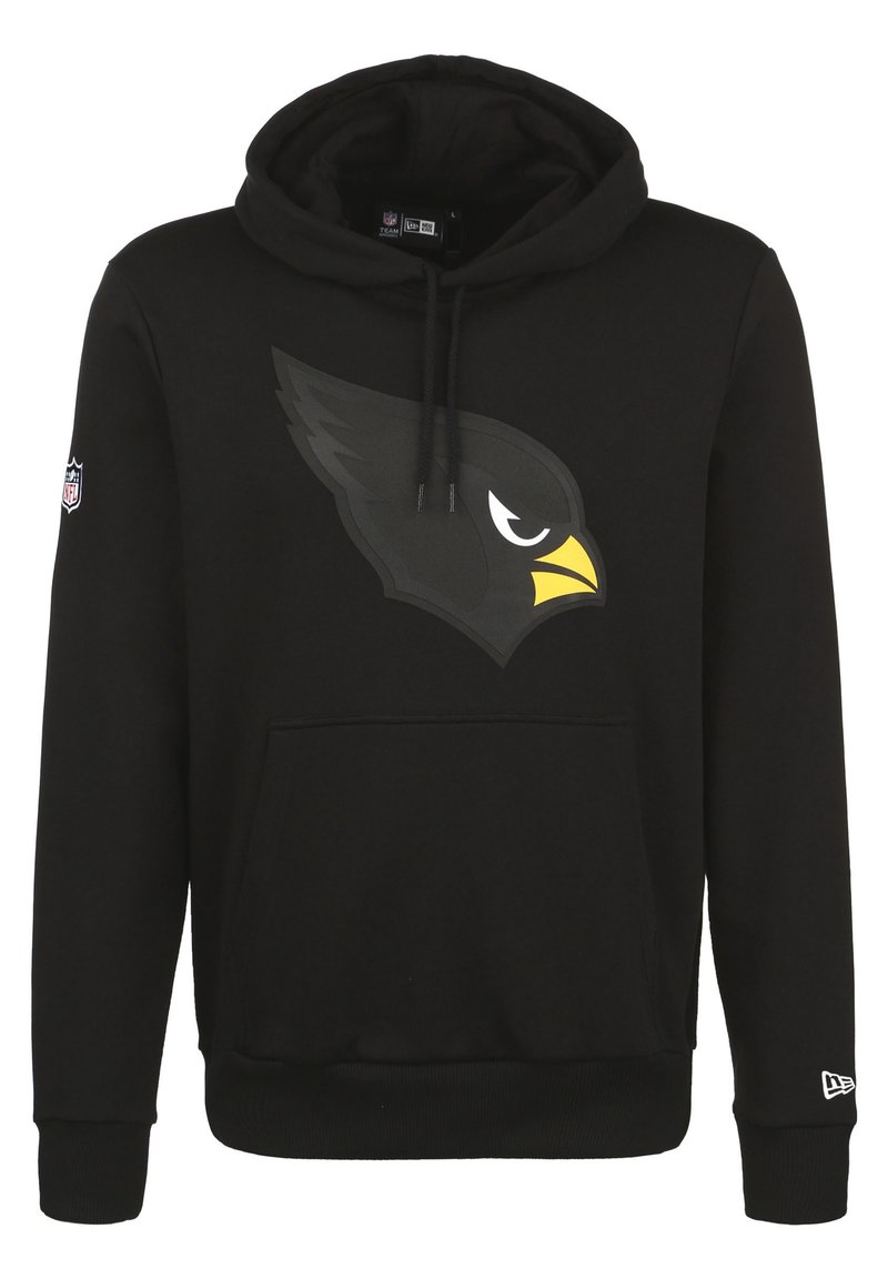 Felpa nera con cappuccio, dotata di un grande logo di testa di uccello grigio scuro e becco giallo sul petto, logo NFL sulla manica destra e logo del marchio sul polsino sinistro.