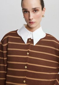 Gestreepte bruine trui met een witte kraag, voorzien van gouden knopen en een zachte textuur. Horizontale strepen in lichtbeige en donkerbruin.