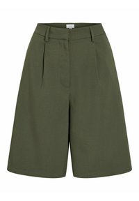 Pantaloni corti verde oliva con una vestibilità comoda, caratterizzati da pieghe, una cintura con passanti e una superficie liscia. Adatti per un abbigliamento informale.