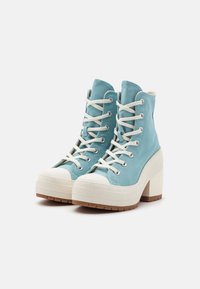 Baskets montantes bleu clair en toile avec des lacets blancs, un bout rond et une semelle épaisse blanche ainsi qu'un talon. Semelle en caoutchouc texturée.