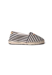 Scarpa espadrillas a righe in tessuto bianco e nero con suola in corda di juta. Presenta una punta arrotondata e un lato elastico per una facile calzata.