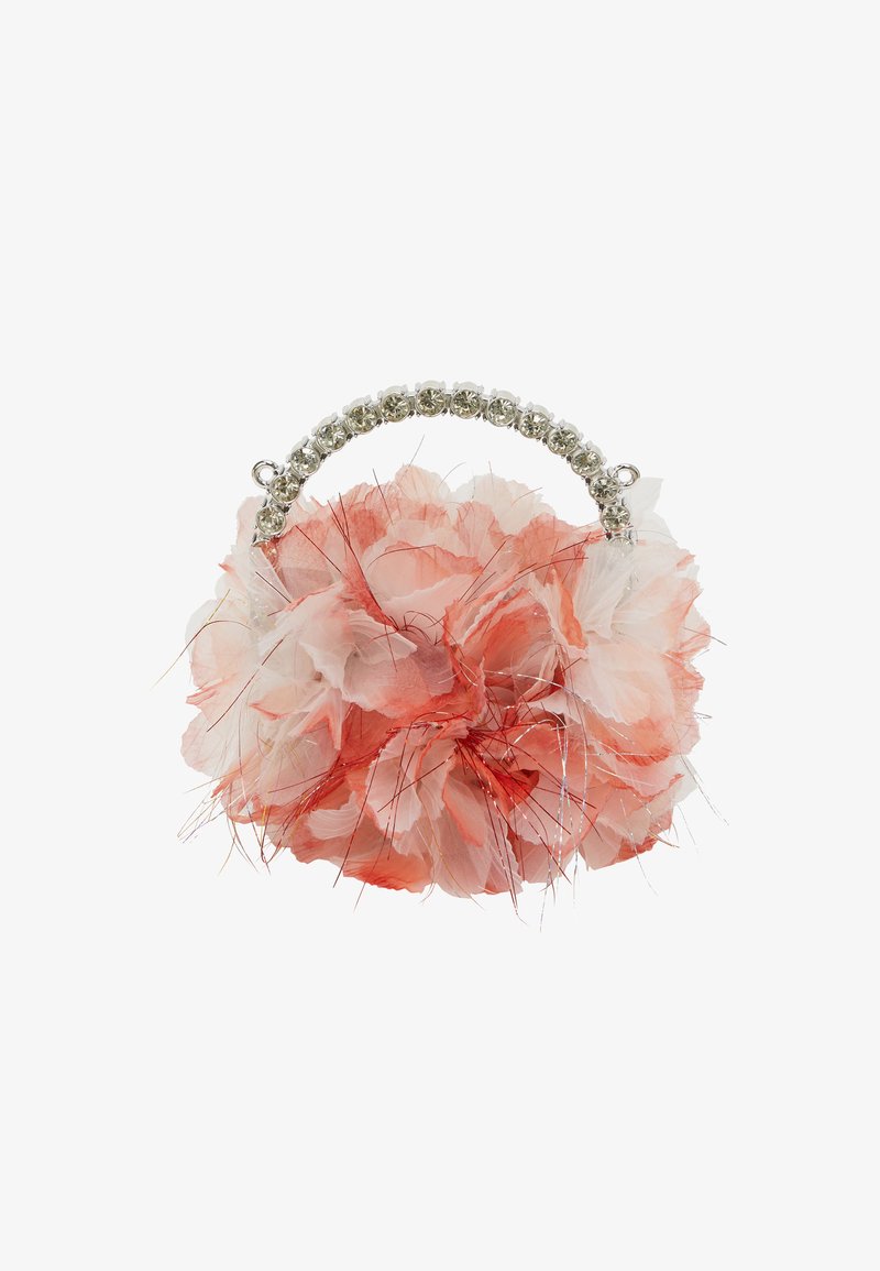 Rózsaszín és fehér virág alakú kézi táska texturált anyagból, kristállyal díszített fogantyúval és fémbetétekkel.