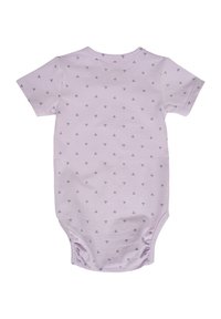 Kortærmet lyse lilla babysuit med små grå blomster mønstre, blødt bomuldsmateriale, trykknapper i bunden og rund halsudskæring.
