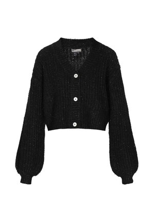 Črn skrajšan pleten cardigan z dolgimi napučenimi rokavi in tremi belimi gumbi spredaj.