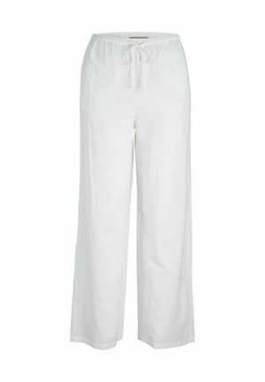 White linen wide-leg pants with an elastic waistband and adjustable drawstring. The fabric appears lightweight and soft.