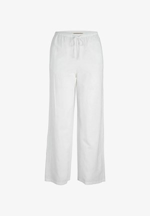 White linen wide-leg pants with an elastic waistband and adjustable drawstring. The fabric appears lightweight and soft.