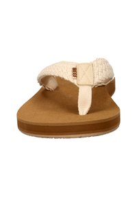 Beige flip-flop sandaal met geweven stoffen banden en een gevoerde kurken voetbed. Heeft een bruine rubberen zool en een klein logo detail.
