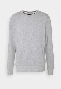 Šedá mikina s kulatým výstřihem, dlouhými rukávy, žebrovanými manžetami a lemem, vyrobená z měkké, texturované látky. Bez viditelných log nebo vzorů.