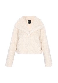 Crème-kleurige, gestructureerde sherpa jas met lange mouwen en brede kraag, ontworpen voor warmte en stijl.