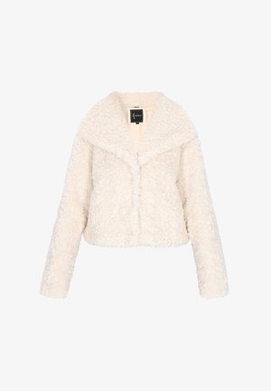 Crème-kleurige, gestructureerde sherpa jas met lange mouwen en brede kraag, ontworpen voor warmte en stijl.