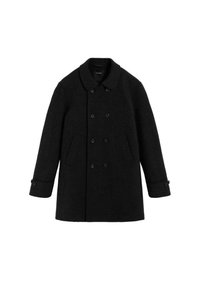 Abrigo de lana negro con un frente de doble botonadura, grandes botones, bolsillos laterales y un cuello redondo. Mangas largas con puños abotonados.