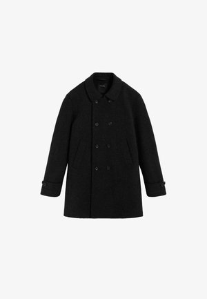 Manteau en laine noir avec un devant croisé à double boutonnage, de grands boutons, des poches latérales et un col rond. Manches longues avec des poignets à bouton.