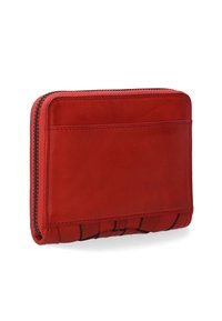 Red leather wallet with a smooth finish, zippered closure, and a textured design on the front. Features card slots and a slim profile.