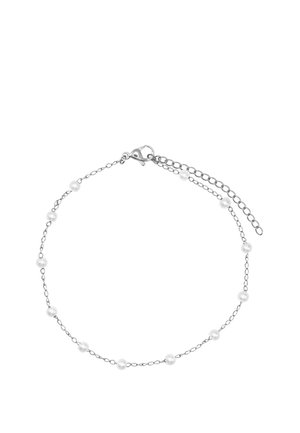 Delicaat zilveren kettingarmbandje met gelijkmatig verspreide kleine witte pareltjes en een karabijnsluiting met een verstelbare verlengketting.