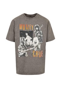 Grafisk t-shirt med falmet grå stof, rund hals og et bandfoto-print med teksten "MÖTLEY CRÜE" i orange og gul.