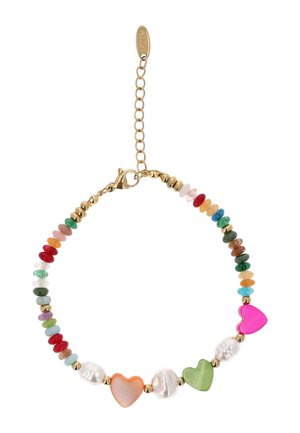 Brățară cu mărgele mici multicolore, accente aurii și trei pietre în formă de inimă în roz, portocaliu și verde, cu un închizător cu lanț auriu.