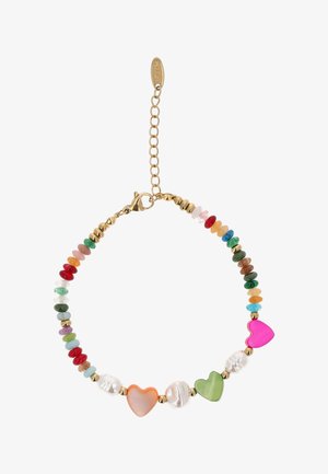 Karkötő sokszínű apró gyöngyökkel, arany részletekkel és három szív alakú kővel rózsaszínben, narancssárgában és zöldben, arany láncos zárral.