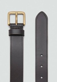 Brown leather belt with a gold rectangular buckle, flat design, pointed tip, and multiple holes along the strap for adjustment.