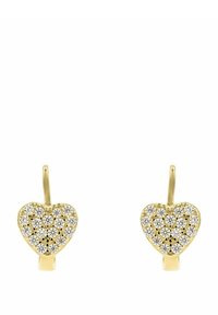 Orecchini a forma di cuore in oro, decorati con cristalli trasparenti scintillanti, dotati di una finitura liscia e un semplice design ad uncino per un indossaggio sicuro.