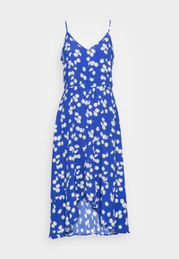 Vestido azul floral con margaritas blancas, tirantes finos, escote en V, cinturilla elástica y diseño de dobladillo asimétrico para un interés visual añadido.