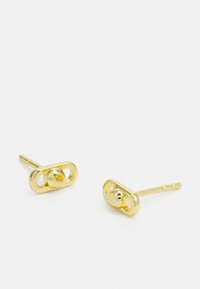 Guldmetal stud øreringe med en ovalformet design og en central sfærisk accent, glat overflade og poleret finish.