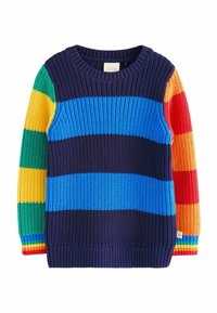 Maglione lavorato a maglia con righe orizzontali in blu navy, blu, verde, giallo, arancione e rosso. Collo rotondo e polsini a costina.