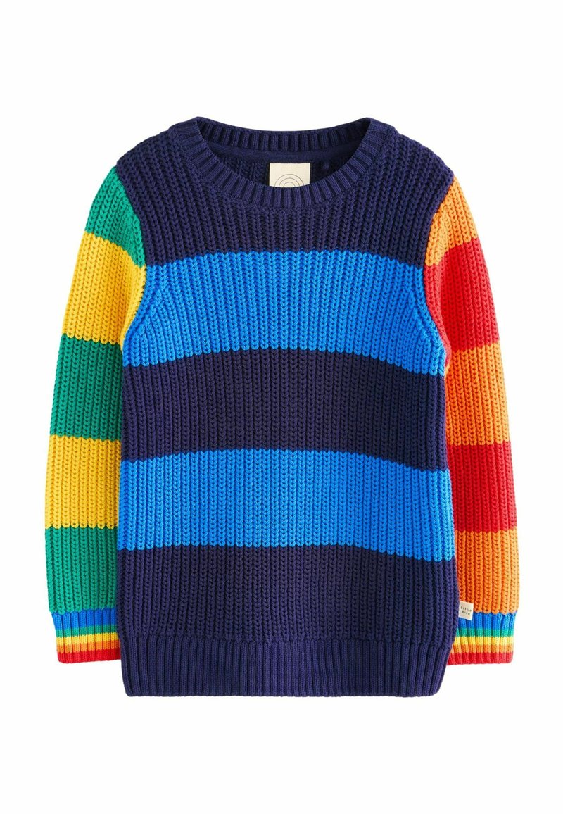 Maglione lavorato a maglia con righe orizzontali in blu navy, blu, verde, giallo, arancione e rosso. Collo rotondo e polsini a costina.