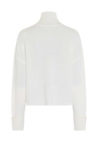 Weißer gestrickter Pullover mit langen Ärmeln, hohem Kragen, gerippten Bündchen und cropped Design. Verfügt über ein strukturiertes Muster im gesamten Stoff.